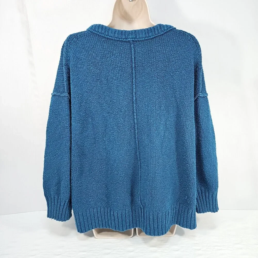 Free People Brookside Slouchy Sweater Halcyon Blue Oversized Textired Knit Sz M